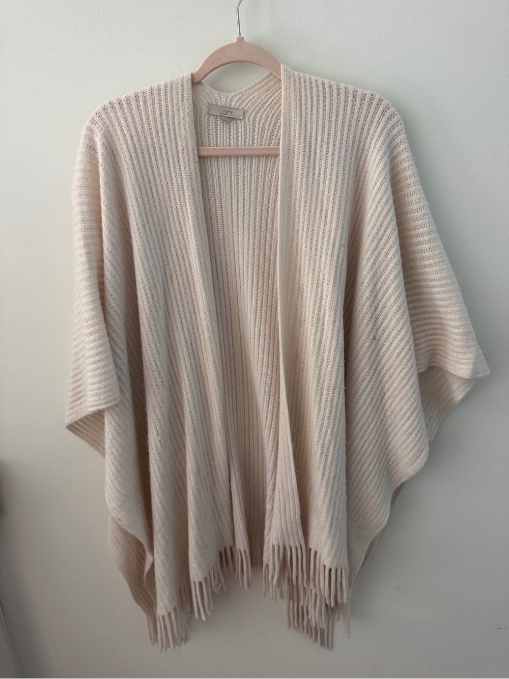 LOFT Cream Ribbed Fringe Poncho Cardigan